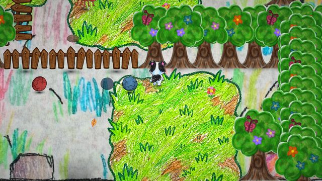BARKO stands with his back to us on a patch of green crayon grass, drawn on paper. Three small round stones lie near him, one red, one slate grey and one blue, with a wooden picket fence behind and trees dotted with flowers and pink butterflies. A cartoon flower with a smiling face grows in the grass beside him.