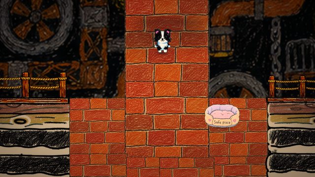 Red brick platforms stacked in a dark industrial room full of pipes and machinery. The dog stands on a high ledge; below on the right sits a pink dog bed with a label reading Safe place.