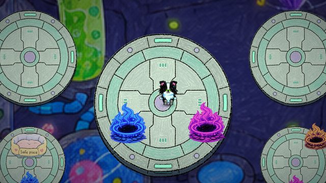 Round pale sci-fi platforms floating over a dark blue starry background. The dog stands in the middle of the largest one, between a blue flame portal and a pink flame portal; a Safe place dog bed sits on a platform below.