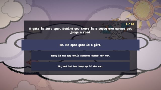 A written trial over a purple cloudscape. The question reads: a gate is left open, behind you there is a puppy who cannot yet judge a road. Three answers wait below it, and the winged angel keeps score in the top right corner, one of ten.