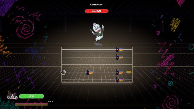 Boss fight against the Conductor. A white ghost with a purple quiff, a lavender moustache and a red bow tie floats above a dark hall, holding a thin baton. Below it a musical stave crosses the fighting box, with five dark flat signs trailing coloured streaks toward a paw print at the left edge. The Conductor's health bar reads 44 of 45.