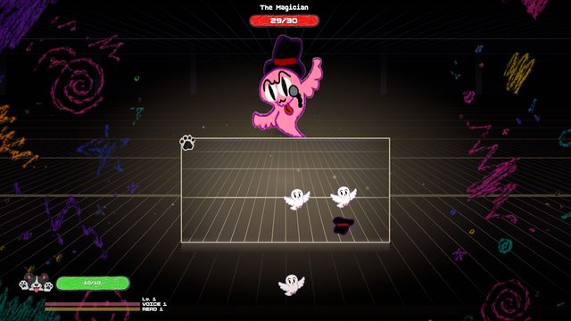 Boss fight against the Magician. A pink ghost in a top hat and monocle hovers above a dark arena ringed with crayon scribbles, tongue out. A second top hat sits on the floor of the fighting box with three white doves loose around it. The Magician's health bar reads 29 of 30.