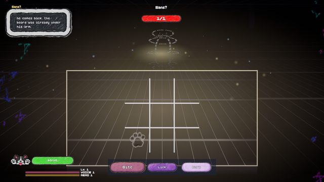 Boss fight against an enemy whose name is printed as Sans?, question mark included. A faint chalk skeleton hovers over a dark grid floor with a health bar reading 1 of 1, and an empty tic-tac-toe board is drawn inside the fighting box. A speech box reads: he comes back, the board was already under his arm. Three replies wait below — Bite, Lick, Bark.