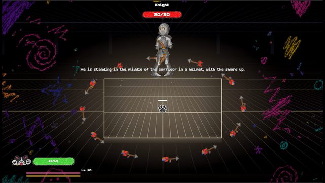 A boss fight against a knight in white armour standing over the arena with the sword up, while crayon arrows fly in from every direction across the dark neon floor.