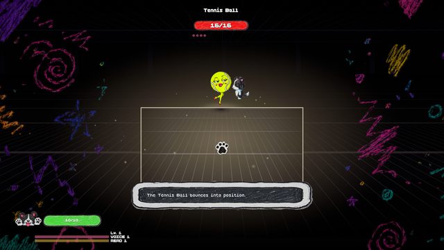 Boss fight against the Tennis Ball. A yellow tennis ball with heavy eyelashes and red lips stands beside a small figure above the fighting box, in a dark hall framed by crayon scribbles. A line at the bottom reads: The Tennis Ball bounces into position. Its health bar reads 16 of 16.