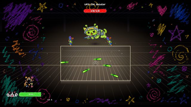 Boss fight against the UFO Cat Soldier. A green alien cat in a space helmet holds a gun in each paw and fires bright green bullets across the arena. Health reads 19 of 19.