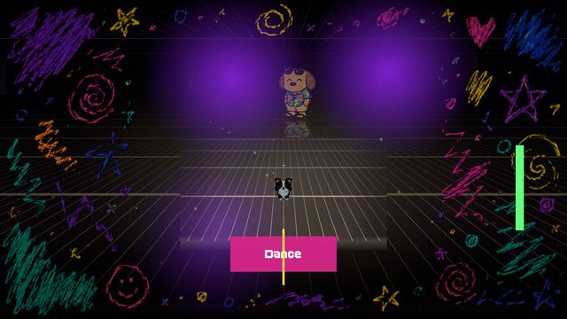 A dance battle on a glowing purple floor. A big dog in a patterned shirt stands under a spotlight facing BARKO, with a pink timing bar labelled Dance and a moving marker at the bottom of the screen and a green meter down the right side.